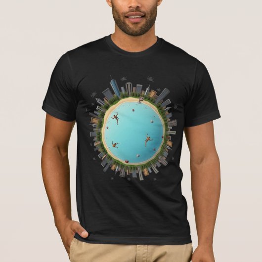 Tiny Planet City Beach – Surrealistische Urban Wer T-shirt (Voorkant)