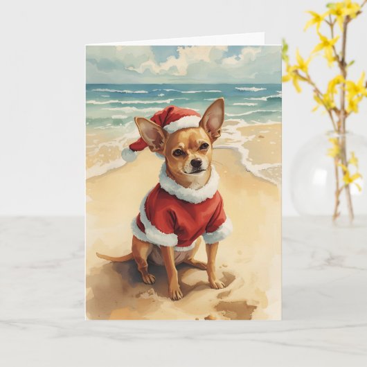 Tiny Santa, Big Cheer – Chihuahua Beach Christmas Kaart (Gele Bloem)