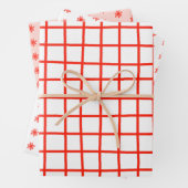 Tiny Scribled Daisies Grid Whimsical Rood Roze Set Inpakpapier Vel (In situ)