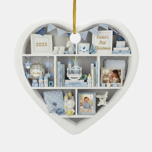 Tiny Shelves Personalized Baby Boy First Christmas Keramisch Ornament (Achterkant)