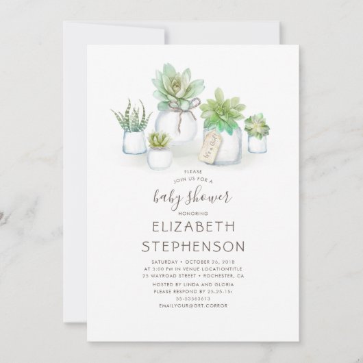 Tiny Succulents Mason Jars Rustiek Baby shower Kaart (Voorkant)