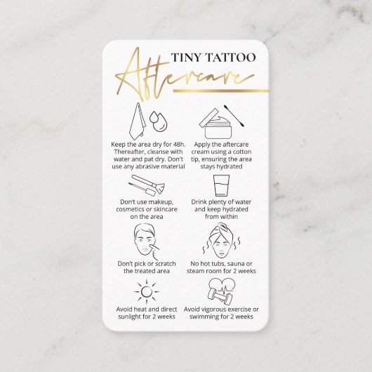 Tiny Tattoo Aftercare Guide Elegant Gold PMU Visitekaartje (Voorkant)
