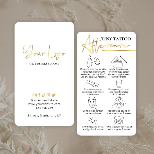 Tiny Tattoo Aftercare Guide Elegant Gold PMU Visitekaartje