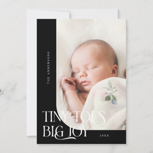 Tiny Toes Big Joy Black Foto Geboorte Aankondiging (Voorkant)
