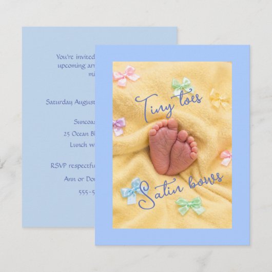 Tiny Toes Satijn Strik Baby Shower Uitnodiging (Voorkant / Achterkant)