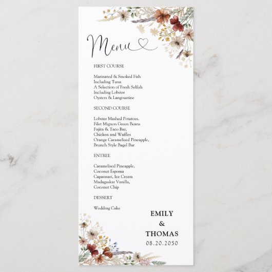 Tiny Wildflower Bruiloft Menu (Voorkant)