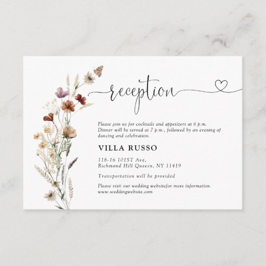 Tiny Wildflower bruiloft receptie Informatiekaartje (Voorkant)