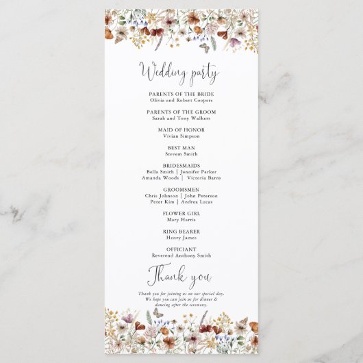 Tiny Wildflower huwelijksprogramma Programmakaart (Achterkant)