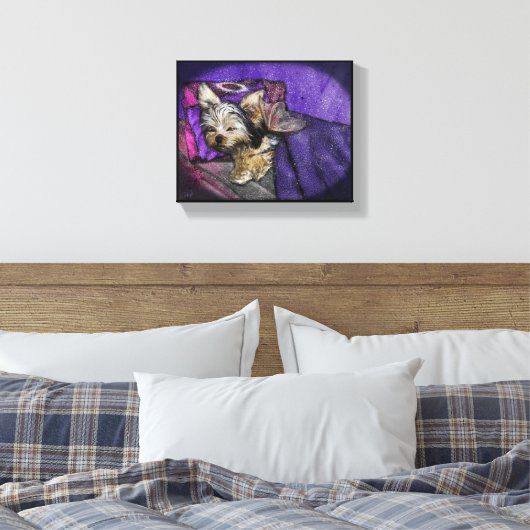 Tiny Yorkie Sleeping Angel Halo Memorial Art Canva Canvas Afdruk (Insitu (Slaapkamer))