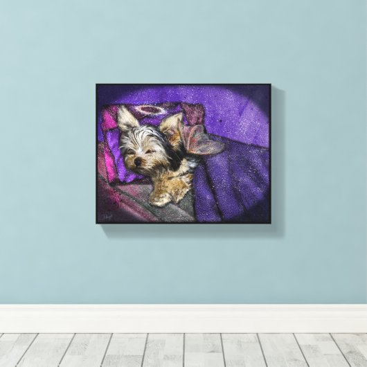 Tiny Yorkie Sleeping Angel Halo Memorial Art Canva Canvas Afdruk (Insitu (Houten vloer))