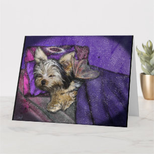 Tiny Yorkie Sleeping Angel Halo Memorial Art Kaart