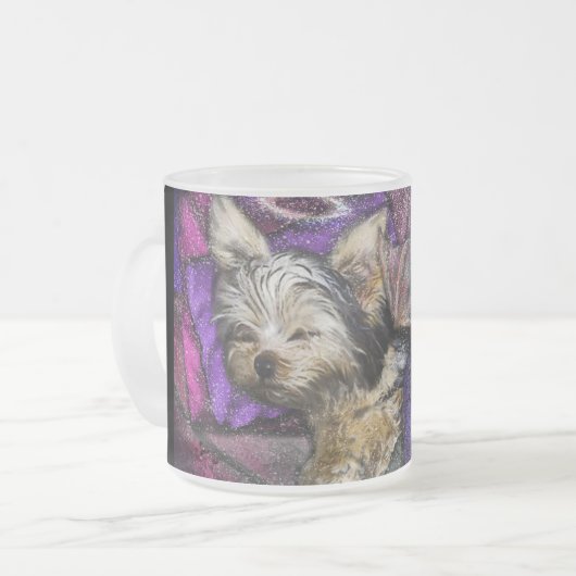 Tiny Yorkie Sleeping Angel Halo Memorial Art Matglas Koffiemok (Voorkant links)