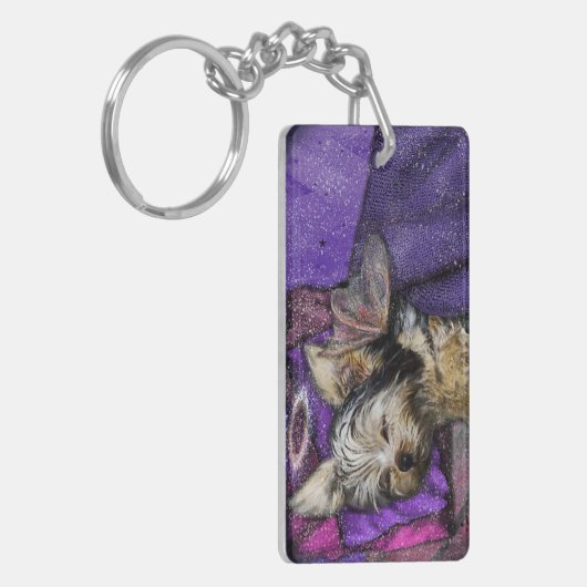 Tiny Yorkie Sleeping Angel Halo Memorial Art Sleutelhanger (Voorkant Links)