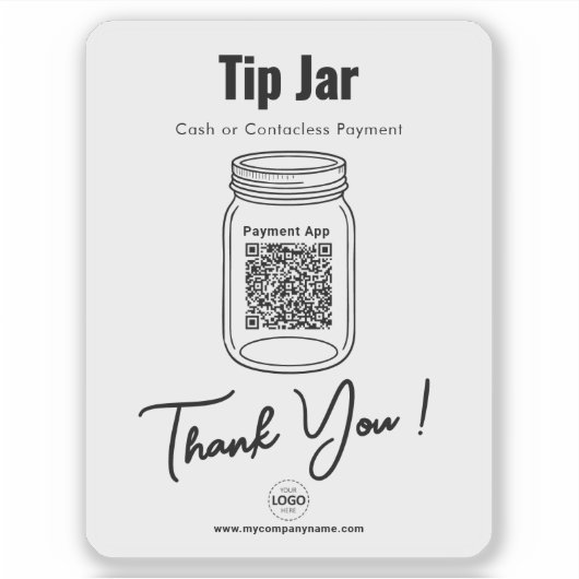 Tip Jar, Aangepaste QR-code Betalen App, Wit Vinyl Sticker (Voorkant)