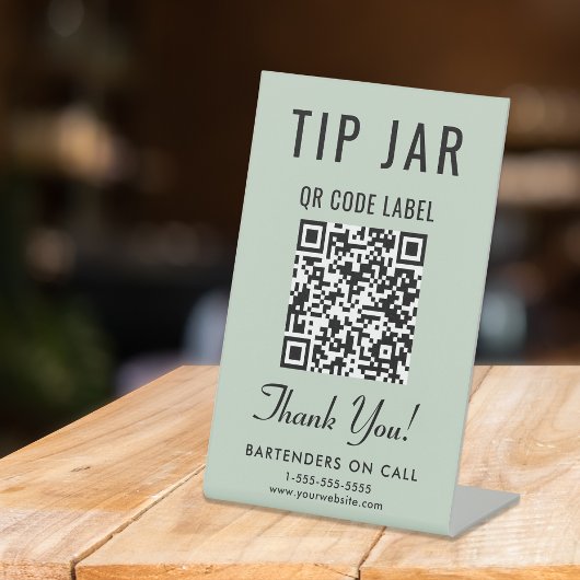 Tip Jar QR Code Sage Green Tabletop Reclamebord Met Voetstuk