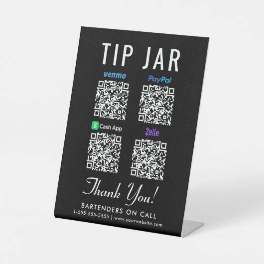 Tip Jar QR Code Venmo PayPal Cashapp Zelle Reclamebord Met Voetstuk (Voorkant)
