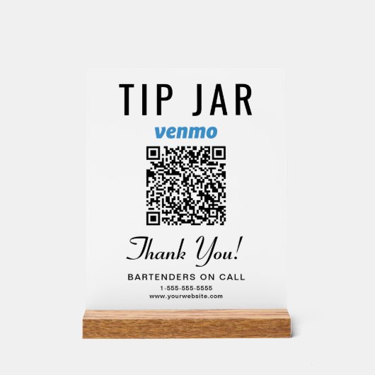 Tip Jar Venmo QR Code Wit Acryl Bord (Voorkant)