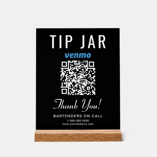 Tip Jar Venmo QR Code Zwart Acryl Bord (Voorkant)