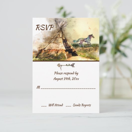 Tipi en Boho Horse Teepee Wedding RSVP Kaartje (Staand voorkant)