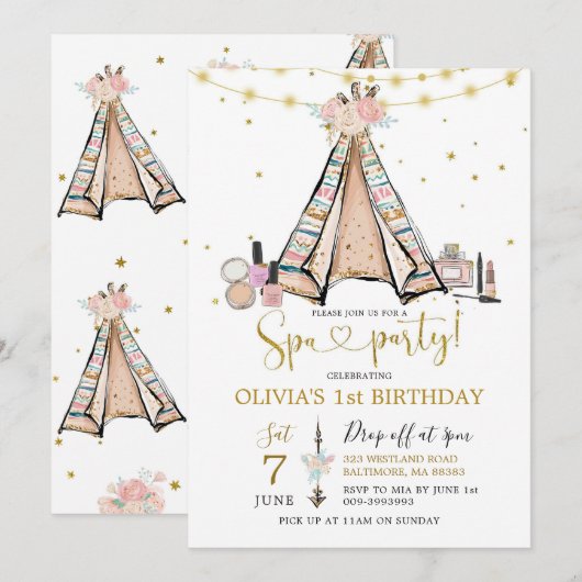 Tipi Roze Bloemen Meisje Spa Uitnodiging (Voorkant / Achterkant)