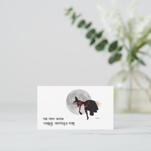 Tipsy heks op vliegende Visitekaartjes (Staand voorkant)