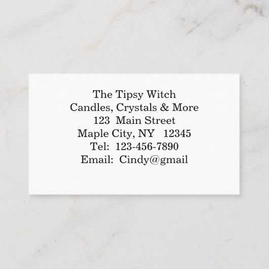 Tipsy heks op vliegende Visitekaartjes (Achterkant)