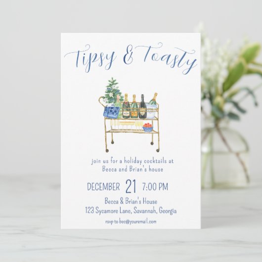 Tipsy & Toasty Christmas Party Bubbly Uitnodiging (Staand voorkant)