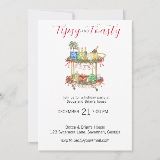 Tipsy & Toasty Rode Bar Kerstfeest uitnodiging (Voorkant)