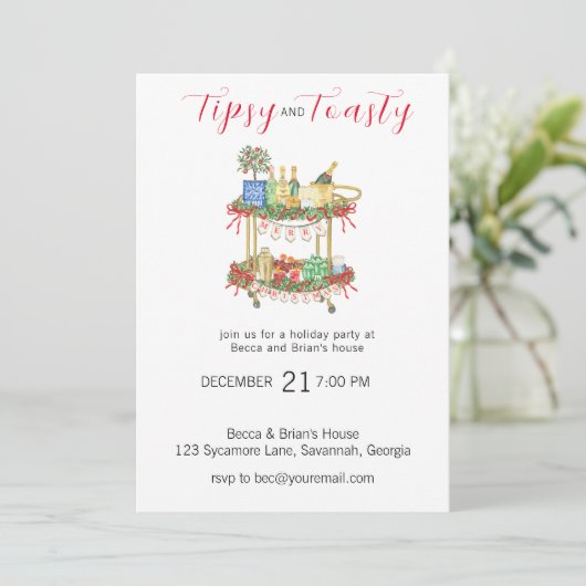 Tipsy & Toasty Rode Bar Kerstfeest uitnodiging (Staand voorkant)