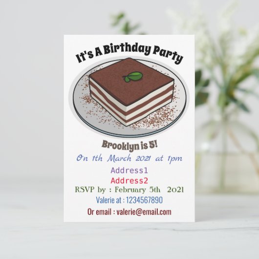 Tiramisu cake cartoon afbeelding kaart (Staand voorkant)