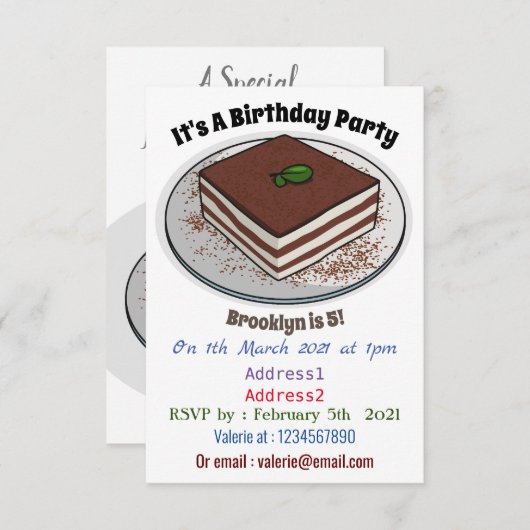 Tiramisu cake cartoon afbeelding kaart (Voorkant / Achterkant)