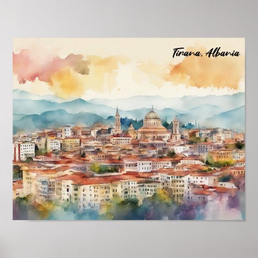Tirana Albanië Waterverf schilderij Panorama Uitzi Poster (Voorkant)