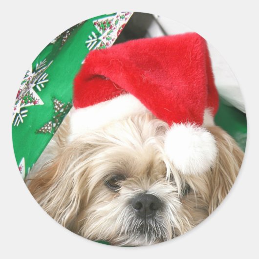 Tired Kerstmis Shih Tzu Ronde Sticker (Voorkant)