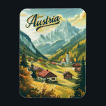 Tirol Austria Magneet<br><div class="desc">Een schilderachtige en nostalgische portret van Tirol, Oostenrijk, bekend om zijn prachtige Alpenlandschappen, charmante dorpjes en cultureel erfgoed. Het ontwerp vangt de met sneeuw bedekte bergen, weelderige groene weiden en traditionele houten chalets in valleien. Het kunstwerk, dat in een stijl wordt weergegeven, roept de serene schoonheid en alpencharme van Tirol...</div>