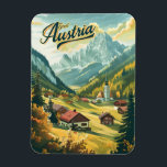 Tirol Austria Magneet<br><div class="desc">Een schilderachtige en nostalgische portret van Tirol, Oostenrijk, bekend om zijn prachtige Alpenlandschappen, charmante dorpjes en cultureel erfgoed. Het ontwerp vangt de met sneeuw bedekte bergen, weelderige groene weiden en traditionele houten chalets in valleien. Het kunstwerk, dat in een stijl wordt weergegeven, roept de serene schoonheid en alpencharme van Tirol...</div>