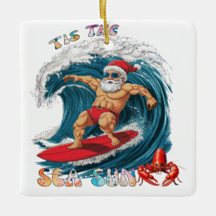 Tis De Zee-Zon - Surfende Kerstman Keramisch Ornament