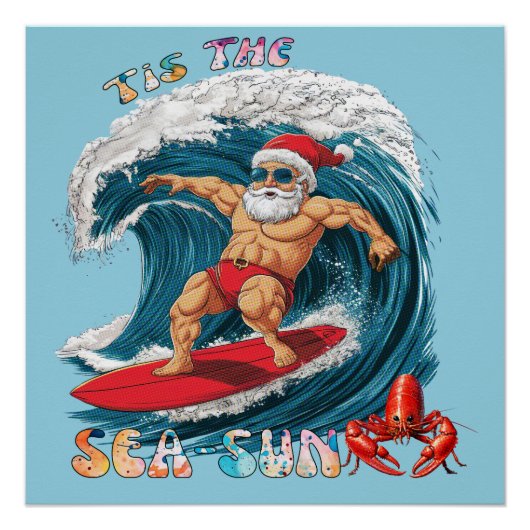 Tis De Zee-Zon - Surfende Kerstman Perfect Poster (Voorkant)