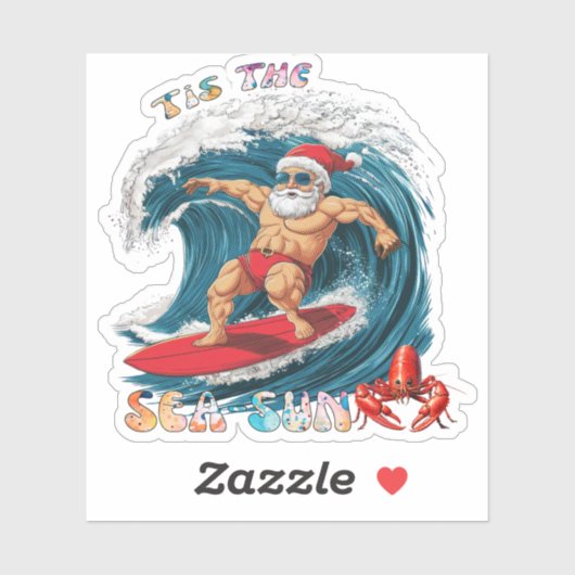 Tis De Zee-Zon - Surfende Kerstman Sticker (Vel)