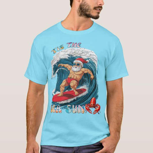 Tis De Zee-Zon - Surfende Kerstman T-shirt (Voorkant)