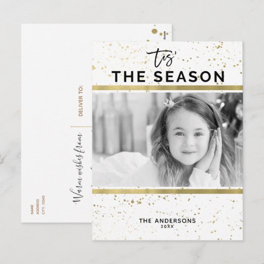 TIS HET SEIZOEN Gold Splatter Modern Vakantie Foto Feestdagenkaart (Voorkant / Achterkant)