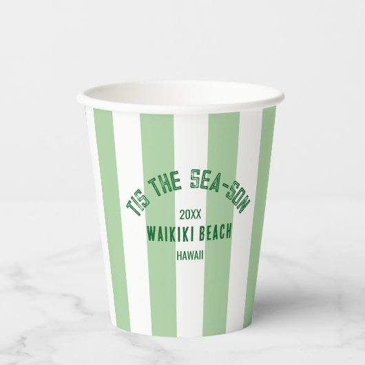 Tis Het Zee Son Custom Beach Christmas Green Strip Papieren Bekers (Voorkant)