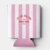 Tis Het Zee Son Custom Beach Christmas Pink Stripe Blikjeskoeler (Achterkant)