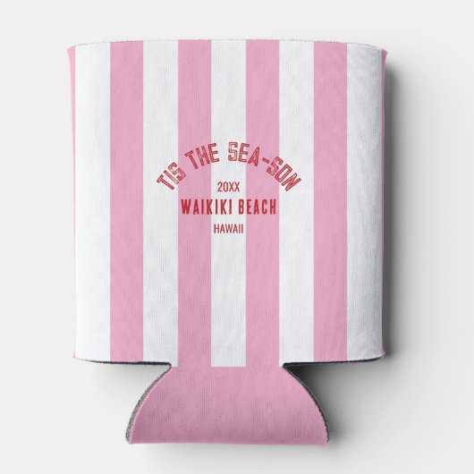 Tis Het Zee Son Custom Beach Christmas Pink Stripe Blikjeskoeler (Achterkant)