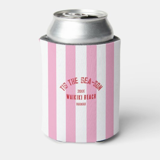 Tis Het Zee Son Custom Beach Christmas Pink Stripe Blikjeskoeler (Blikje Achterkant)