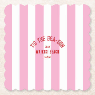 Tis Het Zee Son Custom Beach Christmas Pink Stripe Kartonnen Onderzetters