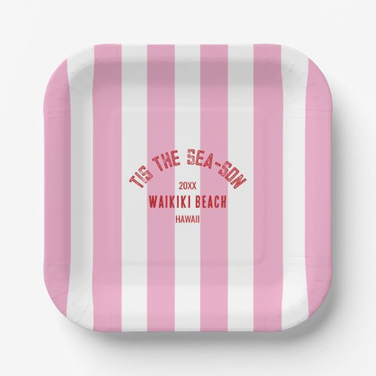 Tis Het Zee Son Custom Beach Christmas Pink Stripe Papieren Bordje (Voorkant)