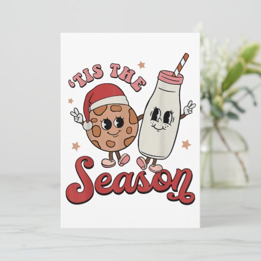 Tis The Season Cookies Milk Santa Hat Christmas Re Kaart (Staand voorkant)