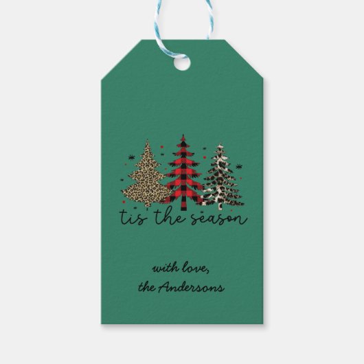 "Tis the Season" Plaid Luipaard kerstbomen Cadeaulabel (Voorkant)