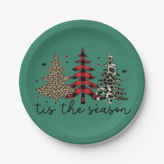 "Tis the Season" Plaid Luipaard kerstbomen Papieren Bordje (Voorkant)