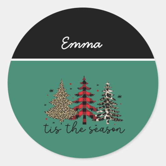 "Tis the Season" Plaid Luipaard kerstbomen Ronde Sticker (Voorkant)